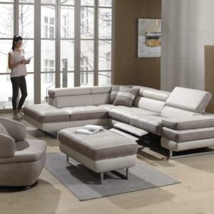Canape d angle modele SPECTRUM en cuir beige et tissu marron.