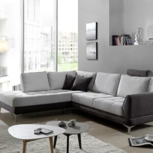 Canape d angle modele BAMBOU en tissu gris et blanc.