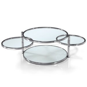 Table basse design avec 3 plateaux ronds en verre et pieds en metal chrome