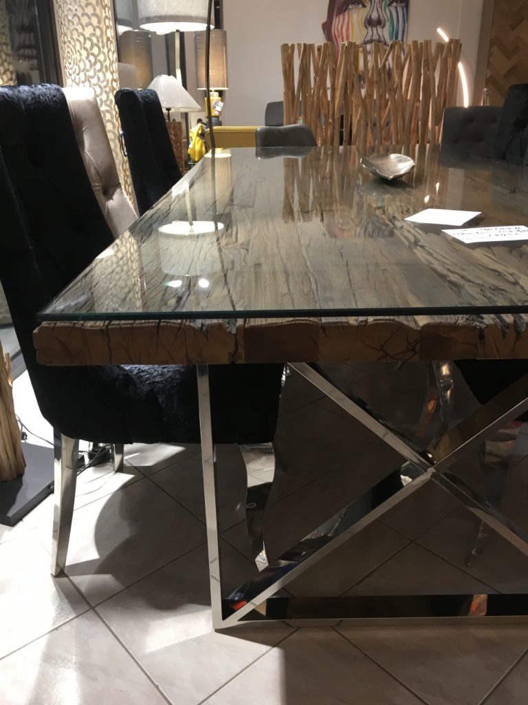 table plateau bois brut pied metal chrome design boisetdeco