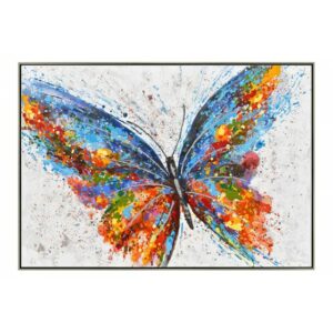 Tableau peinture sur toile cadre argent 70x100cm – PAPILLON MULTICOLORE