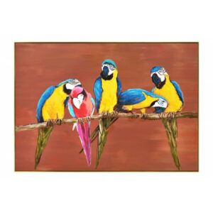 Tableau peinture perroquets sur fond terracotta cadre or.