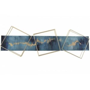 Tableau abstrait bleu et dore avec structures metal or