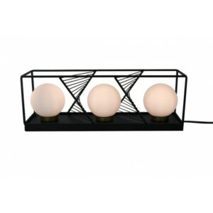 Lampe en metal noir avec trio de boules blanches.