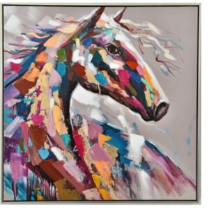 Peinture sur toile cheval fougueux multicolore.