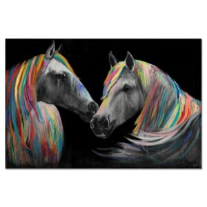 Tableau peinture duo de chevaux avec crinieres colorees facon arc-en-ciel