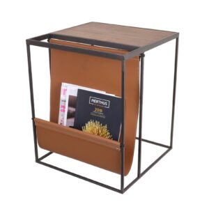 Bout de canape et porte-revues en metal noir bois et cuir camel