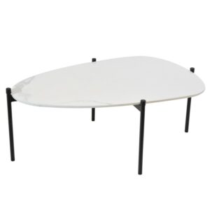 Table basse design plateau ovale en céramique blanche et pieds métal noir – SKYROS