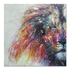tableau-tete-de-lion-peinture-couleurs-vives-or-decoration-murale-originale