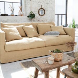 Canape NOMAD 5 places en lin NEWLIN miel + pouf NEWLIN corail.