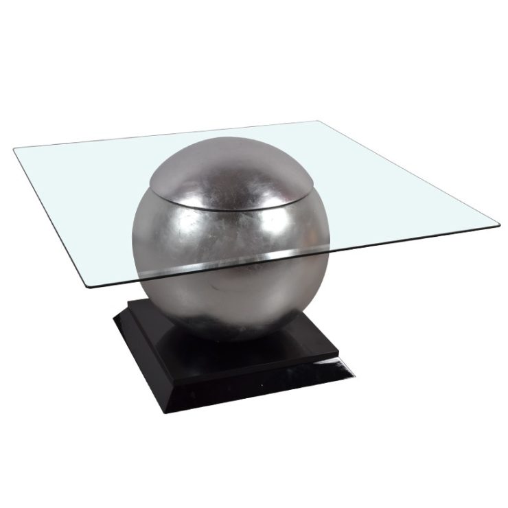 Table basse design pied spherique boule argent chrome plateau en verre