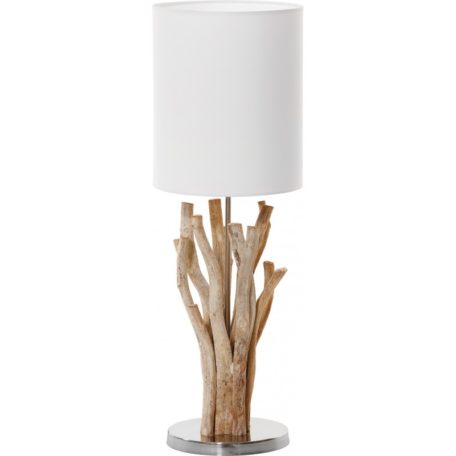 Lampe a poser en bois flotte avec abat-jour blanc et socle argent - modele SAMOA