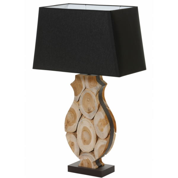 Lampe a poser en rondins de bois avec abat-jour et socle noir - modele MAHE