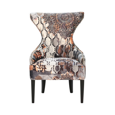 fauteuil confortable tissu motifs marron orange beige