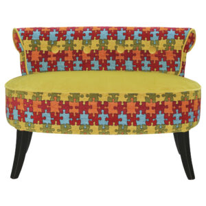 Banquette 2 places ANITA tissu uni vert et tissu motif puzzle rouge jaune bleu orange