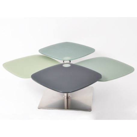 Table basse de salon plateaux modulables verre couleur bleu vert pied metal
