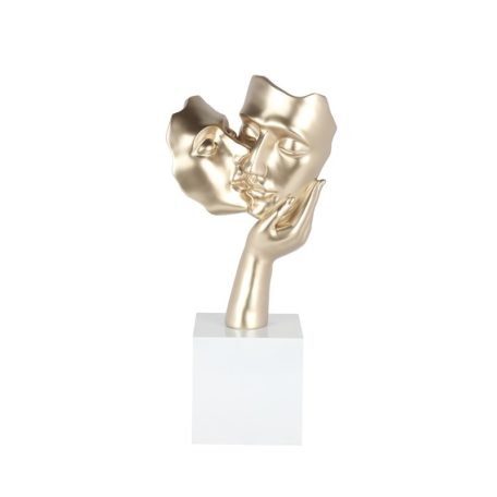 Statue AMORE visages champagne sur socle blanc.