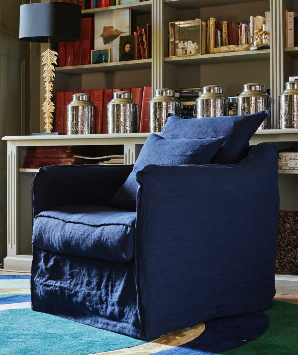 fauteuil confortable lin bleu indigo