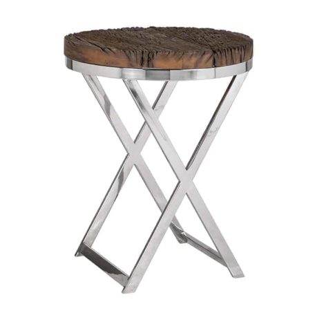 Table dappoint ronde en bois massif et metal argent chrome.
