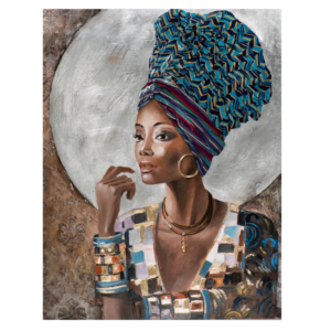 Grand tableau Peinture BEAUTÉ DÉCORÉE femme avec turban en textile. Tableau format XXL 115x150cm