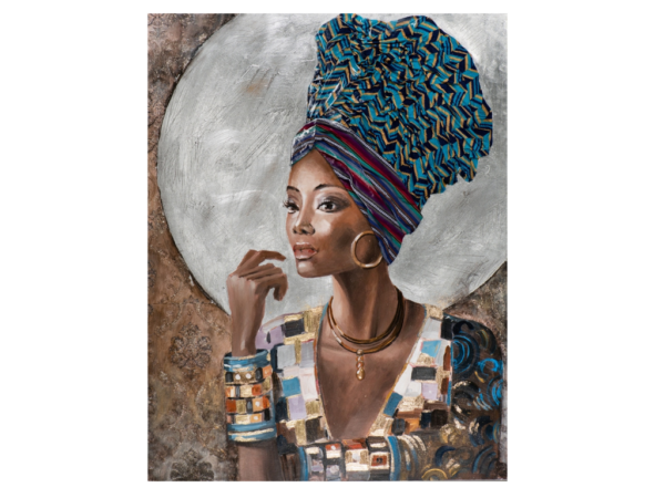 Grand tableau Peinture BEAUTÉ DÉCORÉE femme avec turban en textile. Tableau format XXL 115x150cm