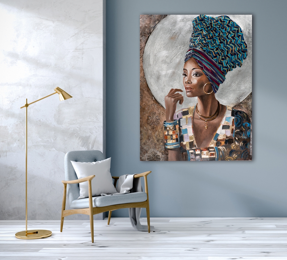 Grand tableau portrait femme avec turban textile 115x150cm