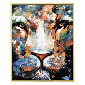 Tableau peinture sur toile TÊTE DE LION avec cadre or