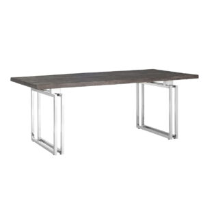 table-2m-plateau-bois-acacia-fonce-pieds-metal-acier-argent-chrome
