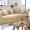 Canape NOMAD 5 places en lin NEWLIN miel + pouf NEWLIN corail.