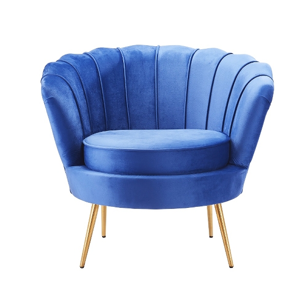 Fauteuil coquillage coquille en velours bleu pieds or