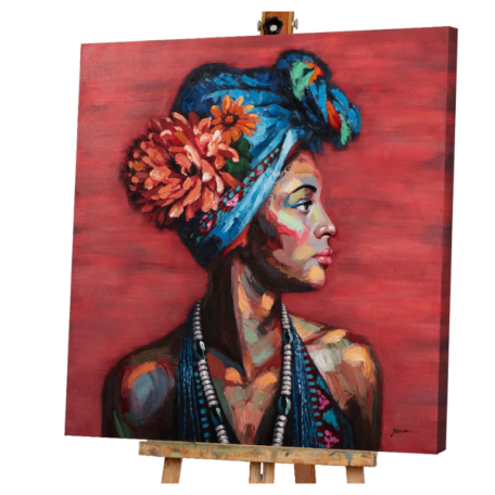 Tableau carré avec couleurs portrait femme " BEAUTÉ AVEC FOULARD BLEU "