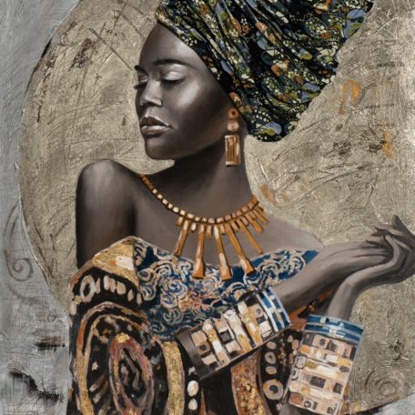 Tableau peinture femme turban avec elements textile.