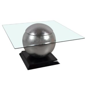 Table basse design carree boule argent chrome plateau en verre.