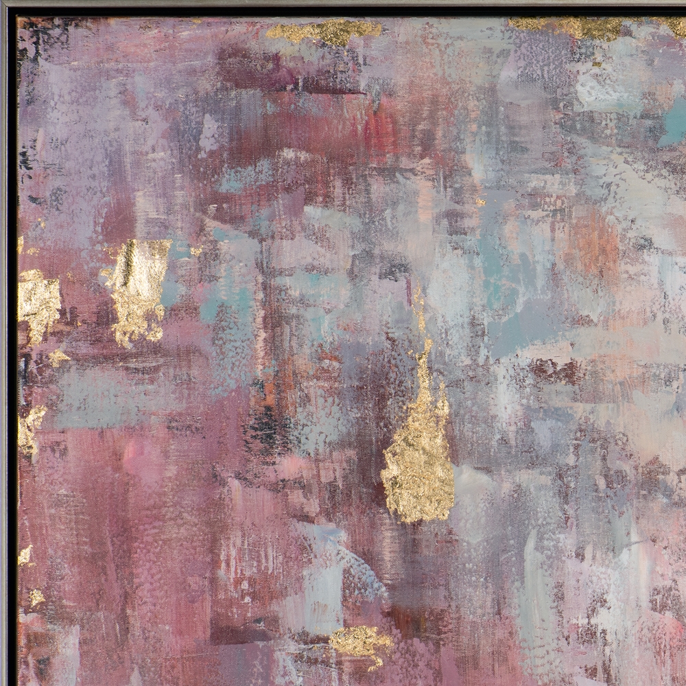 Tableau peinture sur toile ABSTRAITE rose, or, bleu. Peint à la main avec encadrement