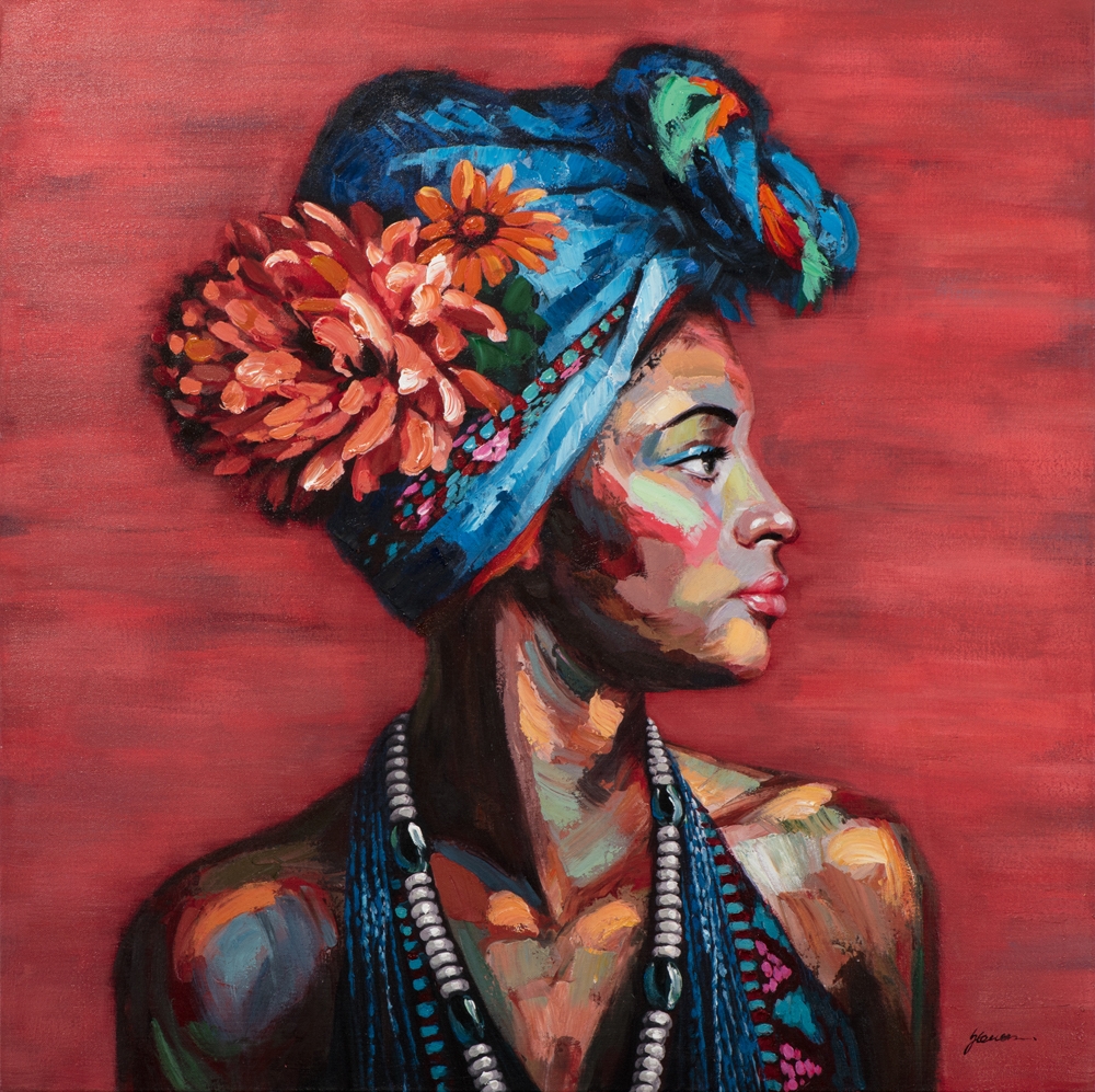 Grand tableau portrait femme avec turban textile 115x150cm