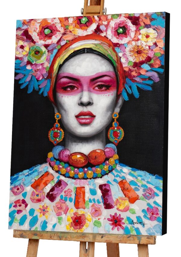 Tableau couleurs primaires peinture femme mexicaine rose bleu jaune noir