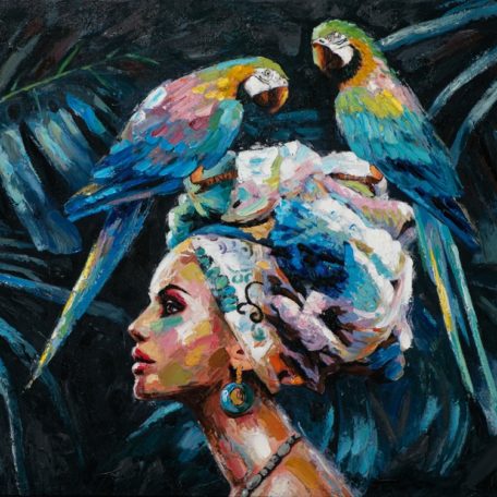 tableau peinture femme avec 2 perroquets.