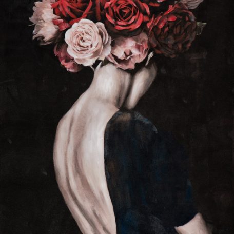 Tableau peinture femme de dos avec perruques de roses.