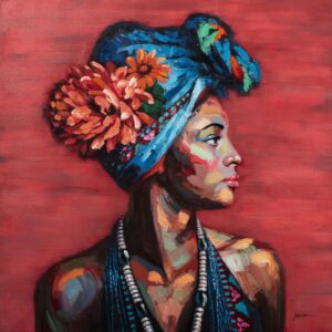 Tableau femme turban bleu peint a la main - beauty with blue turban