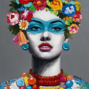 Tableau peint a la main -portrait femme avec fleurs et decoration.
