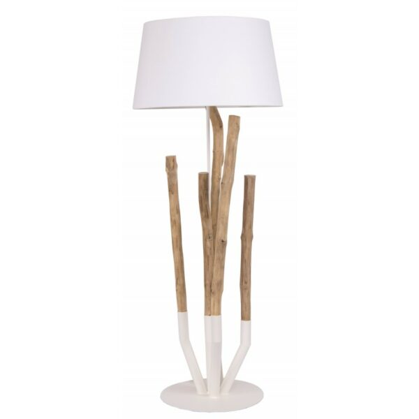 Lampadaire naturel en bois avec abat-jour et socle blanc modele JOSS.