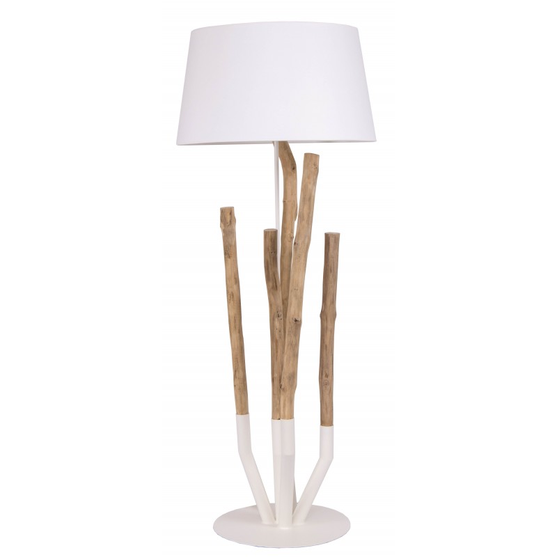 Lampadaire en bois sculpté avec abat-jour blanc