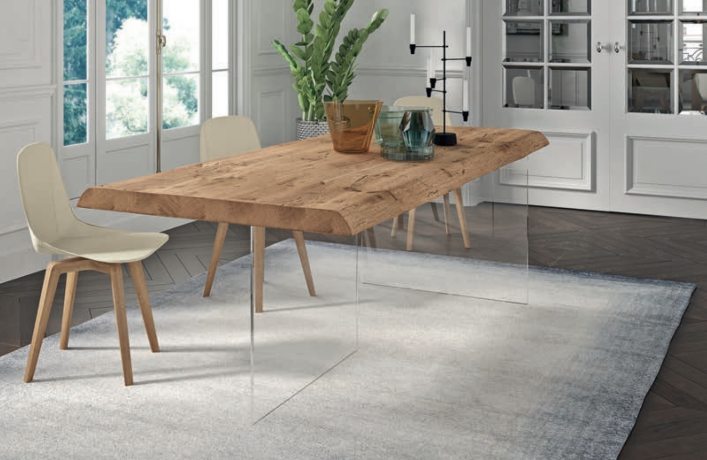 Table à manger en bois et résine translucide et pieds design