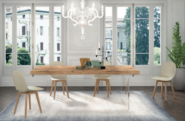 table moderne bois chene pied en verre transparent