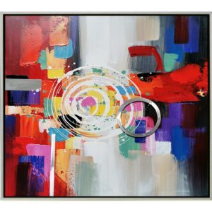 Peinture sur toile abstraite avec cercle en alu et cadre argenté