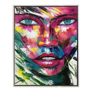 Tableau peinture déco moderne femme avec couleurs jaune rose vert bleu