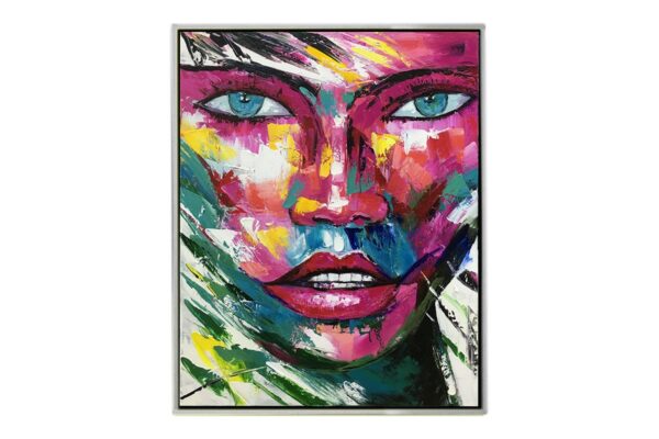 Tableau peinture déco moderne femme avec couleurs jaune rose vert bleu