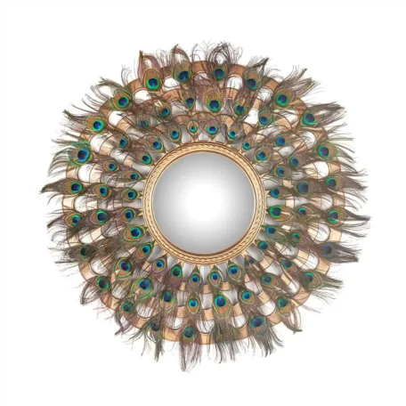 Miroir rond PLUMES DE PAON et métal doré