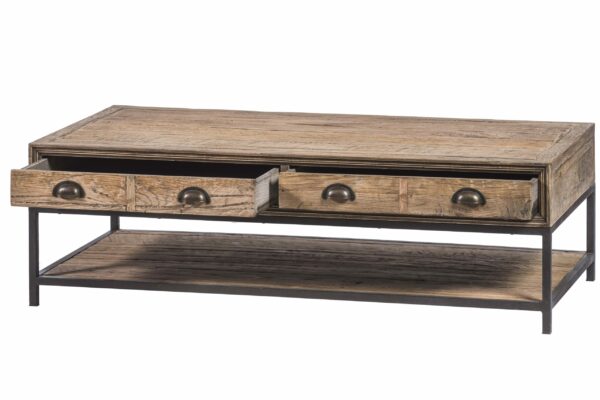 table de salon vintage style industriel bois chêne brut massif métal acier gris