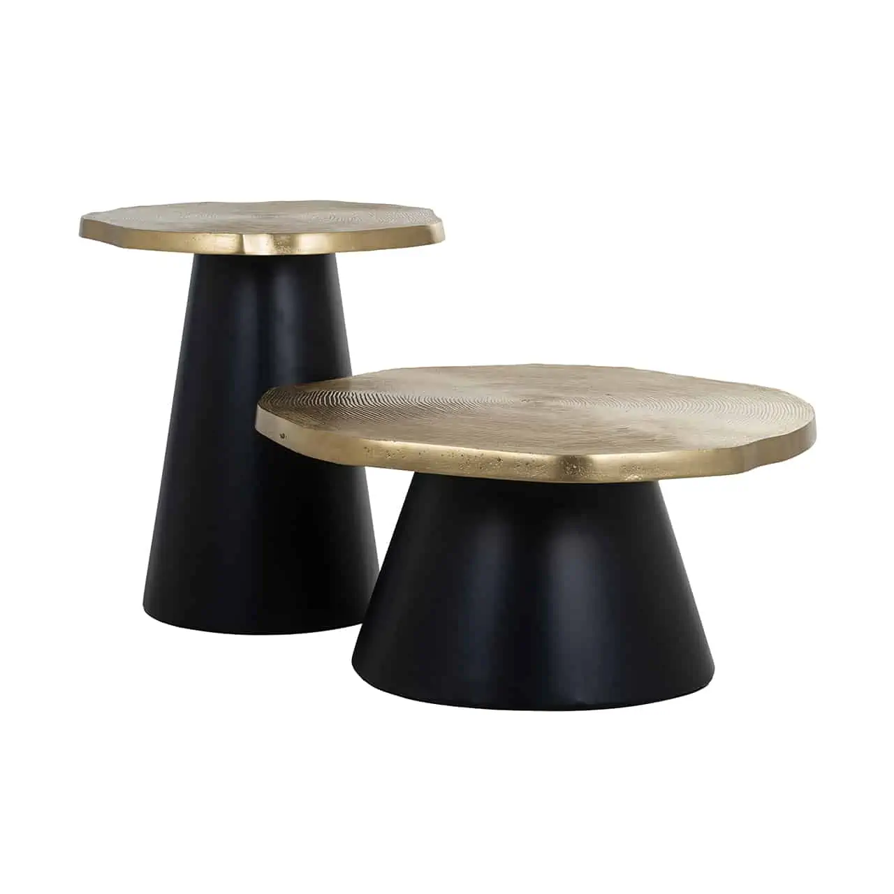 table basse et table d'appoint assortie ronde plateau or pied noir